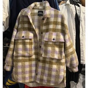 Zara Women M Oversized Plaid Shacket Jacket  Wool Blend Beige